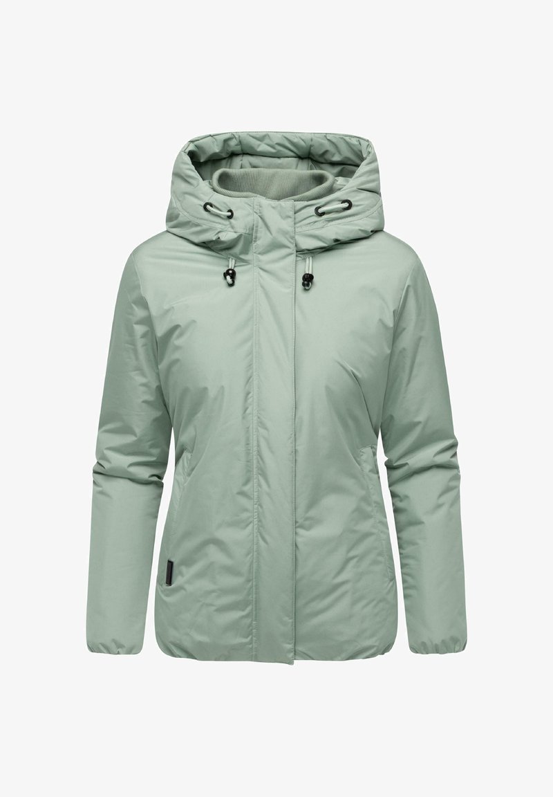 Jasnozielona pikowana kurtka z zamkiem z przodu, regulowanym kapturem, elastycznymi mankietami i dwoma bocznymi kieszeniami. Gładki, wodoodporny materiał.