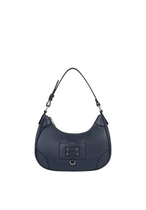 Sac bandoulière en cuir bleu foncé avec sangle réglable, anneau métallique à l'avant et panneau cousu avec plaque du logo de la marque.