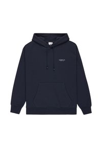 Felpa navy con coulisse, tasca frontale e logo "ELEMENT CO.". Realizzata in materiale morbido con polsini e orlo a coste. Design semplice e classico.