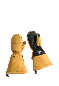 Gula isolerade vantar med svarta accenter, en stjärndetalj och elastiska muddar. Strukturgrepp på handflatorna och justerbara handledsavslut.