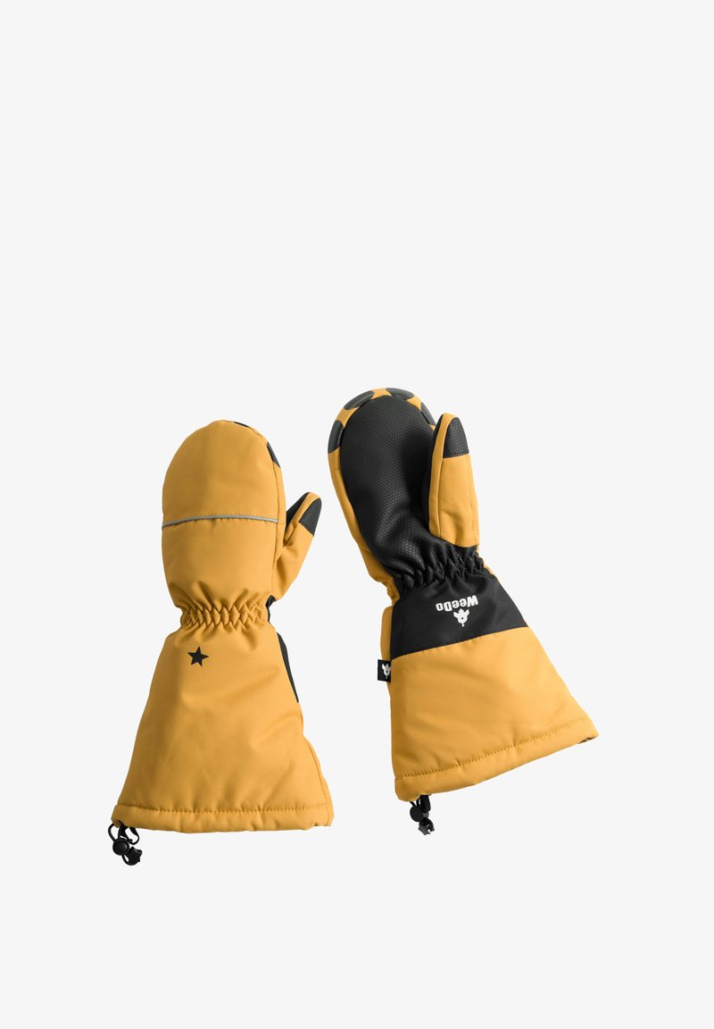 Geïsoleerde gele wanten met zwarte accenten, een sterdetail en elastische manchetten. Textuur voor grip op de handen en verstelbare polsclosures.