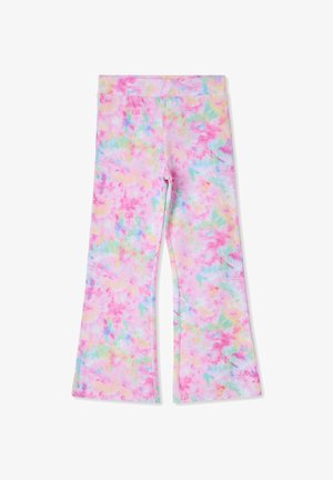 Spodnie dzwony w stylu tie-dye w pastelowych odcieniach różu, niebieskiego i zielonego. Miękki materiał z elastycznym pasem; długość do kostek i szerokie nogawki.