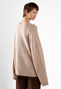 Maglione beige oversize morbido con orlo a coste e spalle scese, caratterizzato da scollo rotondo e tessitura sottile.