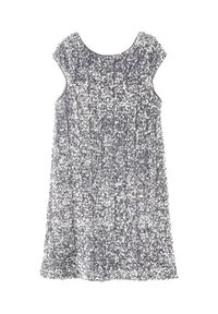 Rochie argintie fără mâneci, acoperită cu paiete; decolteu rotund cu textură adunată, siluetă evazată și țesătură moale.