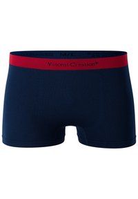 Boxer da uomo blu navy con elastico rosso in vita e marchio "Vincent Creation". Composto dal 92% di poliammide e dall'8% di elastan.