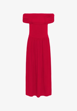 Red off-the-shoulder maxi dress made of soft, flowing fabric. Features a fitted bodice and gathered skirt for a relaxed silhouette.