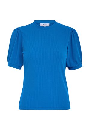 Blue ribbed t-shirt with a high neckline and puffed short sleeves. The fabric has a smooth texture and a fitted silhouette.