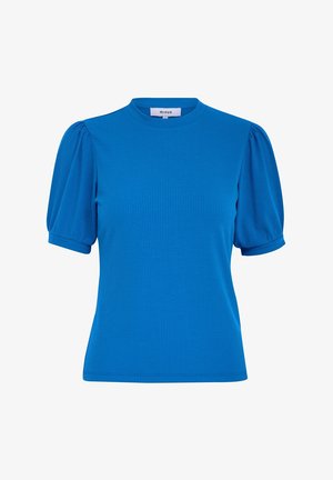 Blue ribbed t-shirt with a high neckline and puffed short sleeves. The fabric has a smooth texture and a fitted silhouette.