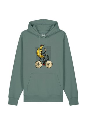Green hoodie with a cartoon banana character riding a bicycle with round wheels and wearing red shoes, waving with one hand.