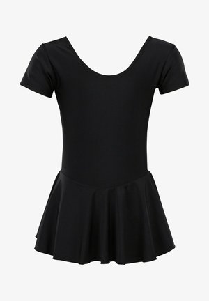 Schwarze Bademode mit einem ausgestellt geschnittenen Rock, kurzen Ärmeln und einem weiten Rundhalsausschnitt. Hergestellt aus glattem, dehnbarem Material für Flexibilität.