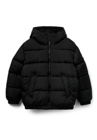 Giacca a vento nera con cappuccio, chiusura frontale a zip, polsini elasticizzati e due tasche laterali. Presenta pannelli trapuntati e una texture liscia.