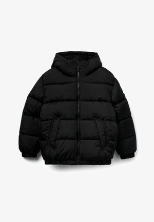 Černá péřovka s kapucí, zipem vpředu, elastickými manžetami a dvěma bočními kapsami. Obsahuje prošívané panely a hladký materiál.