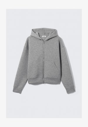 Light gray full-zip hoodie with front pockets and a hood, laid flat on a plain light background.
