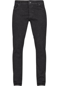 Musthave mustrõivastega mustad denim teksad, slim-fit lõikega, viis taskut, ees nupp ja kontrastsed õmbluse detailid. Sile tekstuur ja mustrid puuduvad.