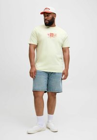 Lysegrøn t-shirt med korte ærmer og grafisk print, kombineret med blå denimshorts. Båret med hvide sneakers og en rød-hvid kasket.