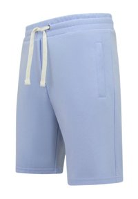 Lichtblauwe korte broek van een zachte stof met een tailleband met trekkoord en zijzakken. Heeft een strakke lijn en een eenvoudig ontwerp.