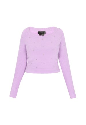 Maglione corto lilla realizzato in morbido materiale, con maniche lunghe e dettagli di strass sparsi sulla parte anteriore.