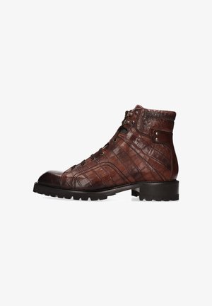 Brown leather ankle boot with a crocodile pattern, round toe, and lace-up design. Features rubber tread sole and side accents.
