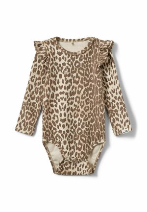 Pikkade varrukatega bodi pehmest kangast, mis on beeži ja pruuni leopardi mustriga, volditud õlakaunistustega ning alumise osa trukiga kinnitusega.