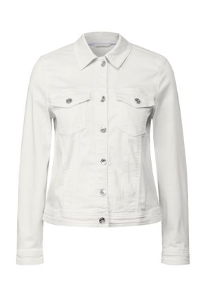 Veste en velours côtelé blanc avec un col, des manches longues, des fermetures à boutons argentés et deux poches poitrine. Présente une surface texturée et une coupe ajustée.