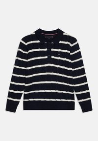 Langermet polo skjorte i marineblå og hvite striper, med strukturen av kabelstrikk, krage og fire knapper foran.