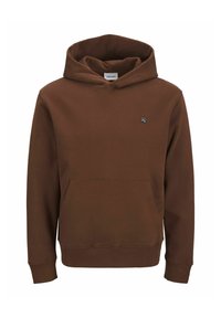 Haut en coton marron avec une poche avant, capuche à cordon et petit logo sur la poitrine. Texture lisse et poignets côtelés.