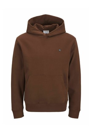 Pruun puuvillane kapuutsiga sviiter, millel on ees tasku, reguleeritav kapuuts ja väike logo rinnal. Sile tekstuur ja soonikkoes mansetid.