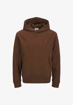 Rudas medvilninis džemperis su kišene priekyje, su raišteliu ant galvos ir mažu logotipu ant krūtinės. Lygi tekstūra ir kautų rankogaliai.