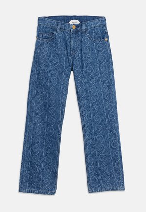 Blaue Jeans aus Denim mit feinem Paisley-Muster, goldenem Knopf, Vordertaschen und Versace-Label im Innenbund.