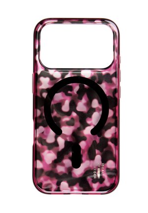 Pink og sort marmorering på telefoncover med stort sort rundt MagSafe opladningssymbol og "Ideal of Sweden" branding.