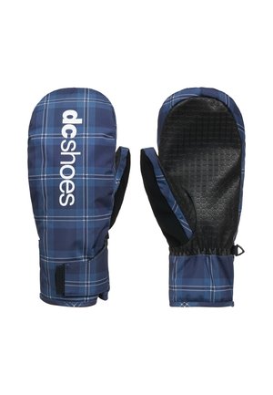 Blue plaid winter mittens with black textured palms and white "dcshoes" logo on the back of the left mitten.