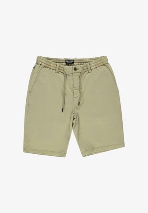 Khaki korte broek gemaakt van lichtgewicht katoen met een elastische tailleband, knoopsluiting en twee zijzakken. Glad textuur, knielengte.