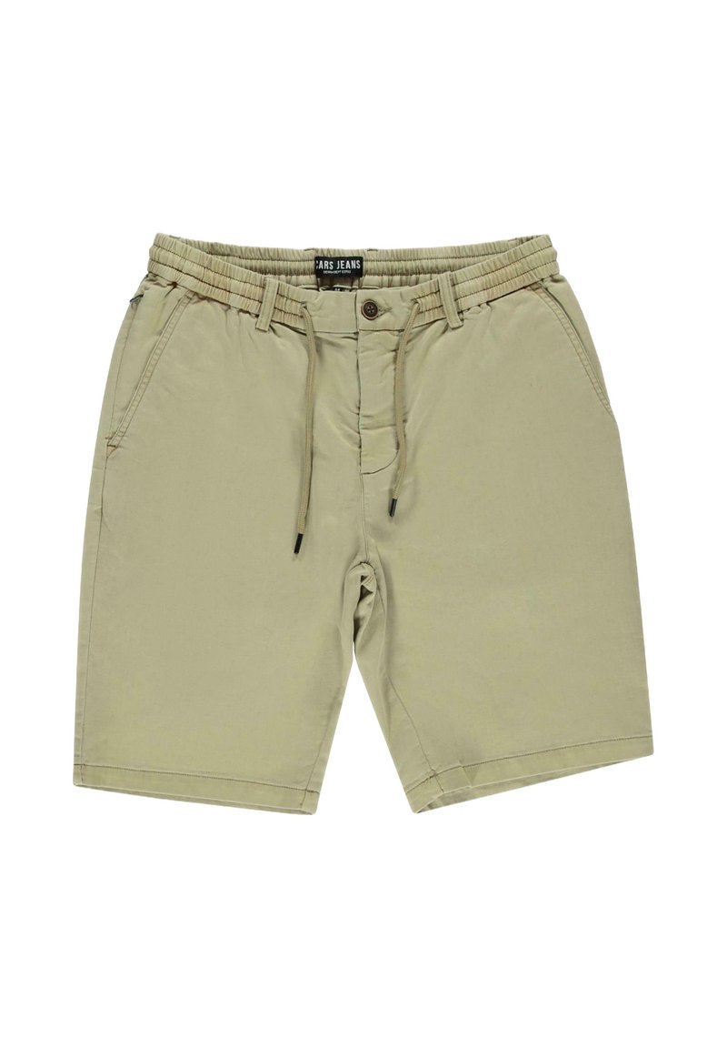 Khaki korte broek gemaakt van lichtgewicht katoen met een elastische tailleband, knoopsluiting en twee zijzakken. Glad textuur, knielengte.