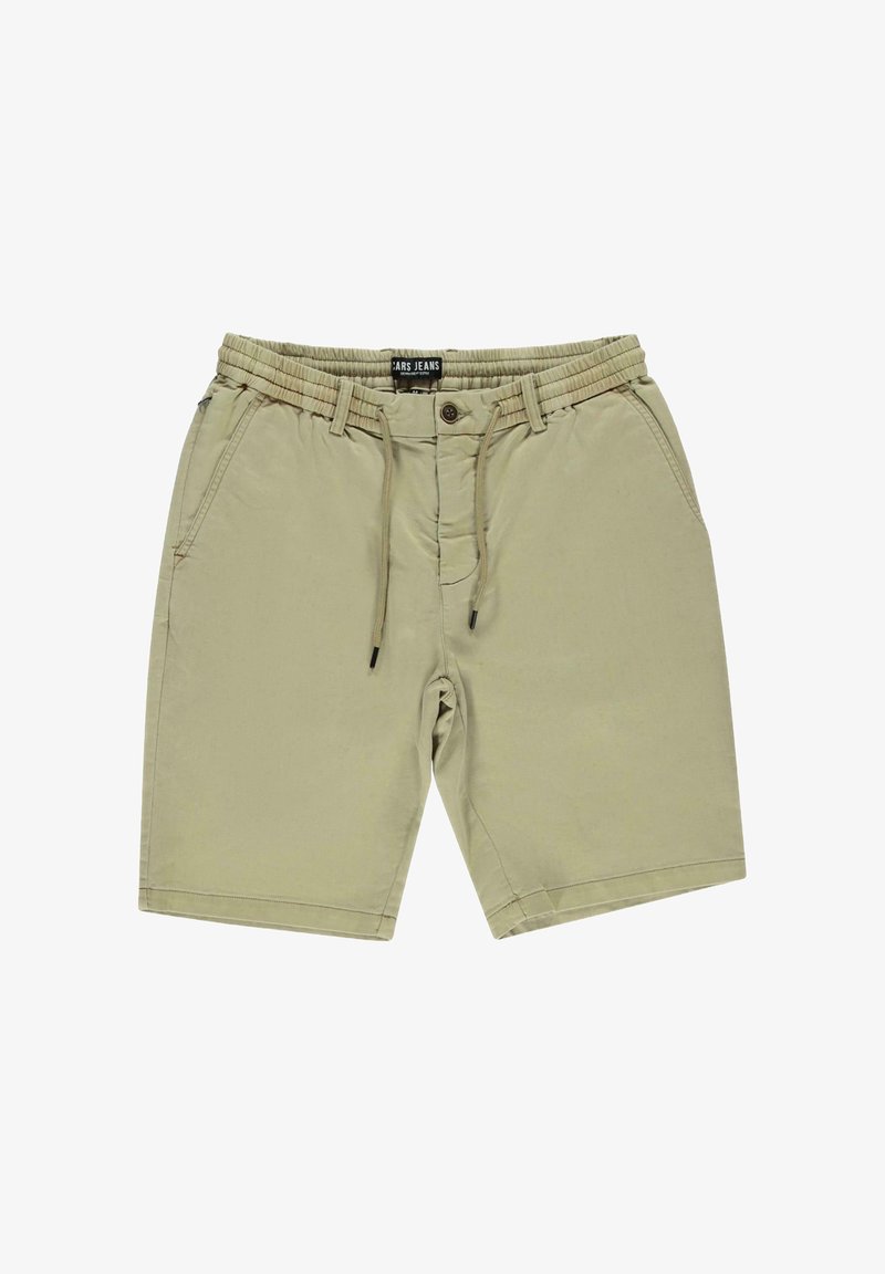 Khaki korte broek gemaakt van lichtgewicht katoen met een elastische tailleband, knoopsluiting en twee zijzakken. Glad textuur, knielengte.