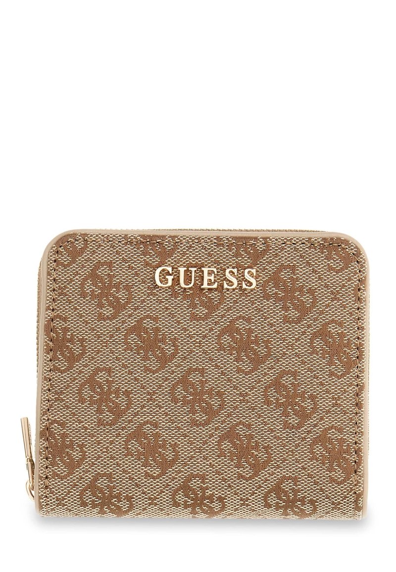 Portefeuille Guess marron avec motif monogramme répétitif et fermeture éclair dorée, design rectangulaire aux coins arrondis.