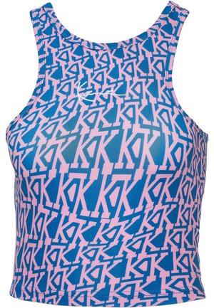 Sinine ja roosa sportlik crop top, millel on geomeetriline musternäidis omavahel põimuvatest tähtedest, ümar kaelus ja ilma varrukateta disain.