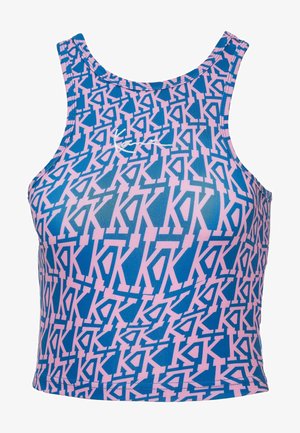 Sinine ja roosa sportlik crop top, millel on geomeetriline musternäidis omavahel põimuvatest tähtedest, ümar kaelus ja ilma varrukateta disain.