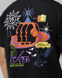 Black t-shirt featuring colorful graphic print with abstract faces, sun, geometric shapes, and text "Bristol 96" in vibrant colors.