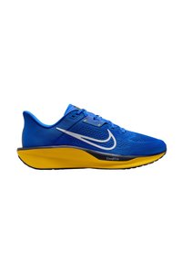 Baskets de course Nike bleues avec une tige en mesh, semelle intermédiaire jaune, logo blanc, surface texturée et bout arrondi. Dispose d'un système de laçage pour un ajustement sécurisé.