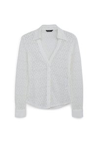 Blusa bianca in pizzo con colletto, chiusura a bottoni e maniche lunghe. Il tessuto struttura presenta un motivo floreale e una vestibilità comoda.