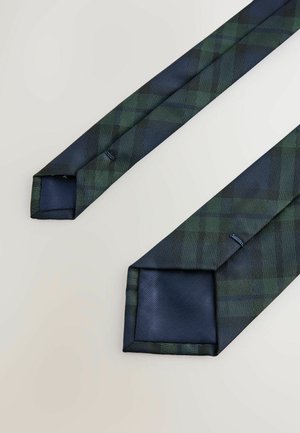 Tumerohelise ja mereväe sinise ruudulise mustriga meeste lips, millel on mereväe sinine sisemine vooder, eksponeeritud valgel taustal.