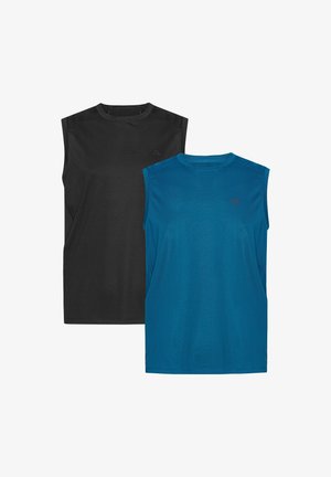 Zwei ärmellose Sportshirts: eines in Schwarz, das andere in Blau. Beide verfügen über einen Rundhalsausschnitt, ein leichtes Material und ein dezentes Logo auf der Brust.