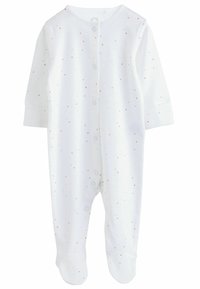 Une grenouillère blanche pour bébé en tissu doux, avec un motif à pois dans des couleurs pastel, à manches longues et des pressions sur le devant.