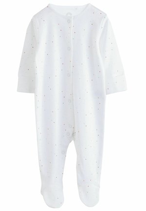 Weißer Baby-Overall aus weichem Stoff, mit einem gepunkteten Muster in Pastellfarben, langen Ärmeln und Druckknöpfen an der Vorderseite.