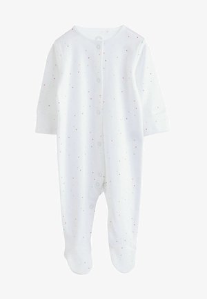 Weißer Baby-Overall aus weichem Stoff, mit einem gepunkteten Muster in Pastellfarben, langen Ärmeln und Druckknöpfen an der Vorderseite.