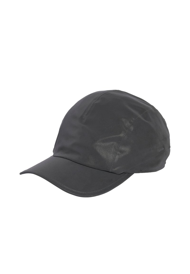 Black cap with a smooth, shiny texture. Features a rounded crown and a stiff, slightly curved visor. No visible branding or patterns.