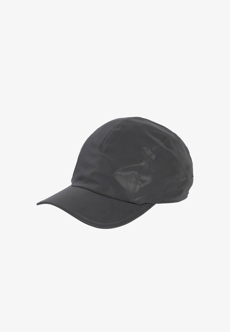 Black cap with a smooth, shiny texture. Features a rounded crown and a stiff, slightly curved visor. No visible branding or patterns.