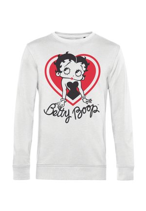 Biała bluza z długim rękawem, z rysunkowym wzorem przedstawiającym postać w czerwonym sercu, z czarnymi akcentami i napisem "Betty Boop."