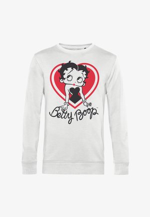 Biała bluza z długim rękawem, z rysunkowym wzorem przedstawiającym postać w czerwonym sercu, z czarnymi akcentami i napisem "Betty Boop."