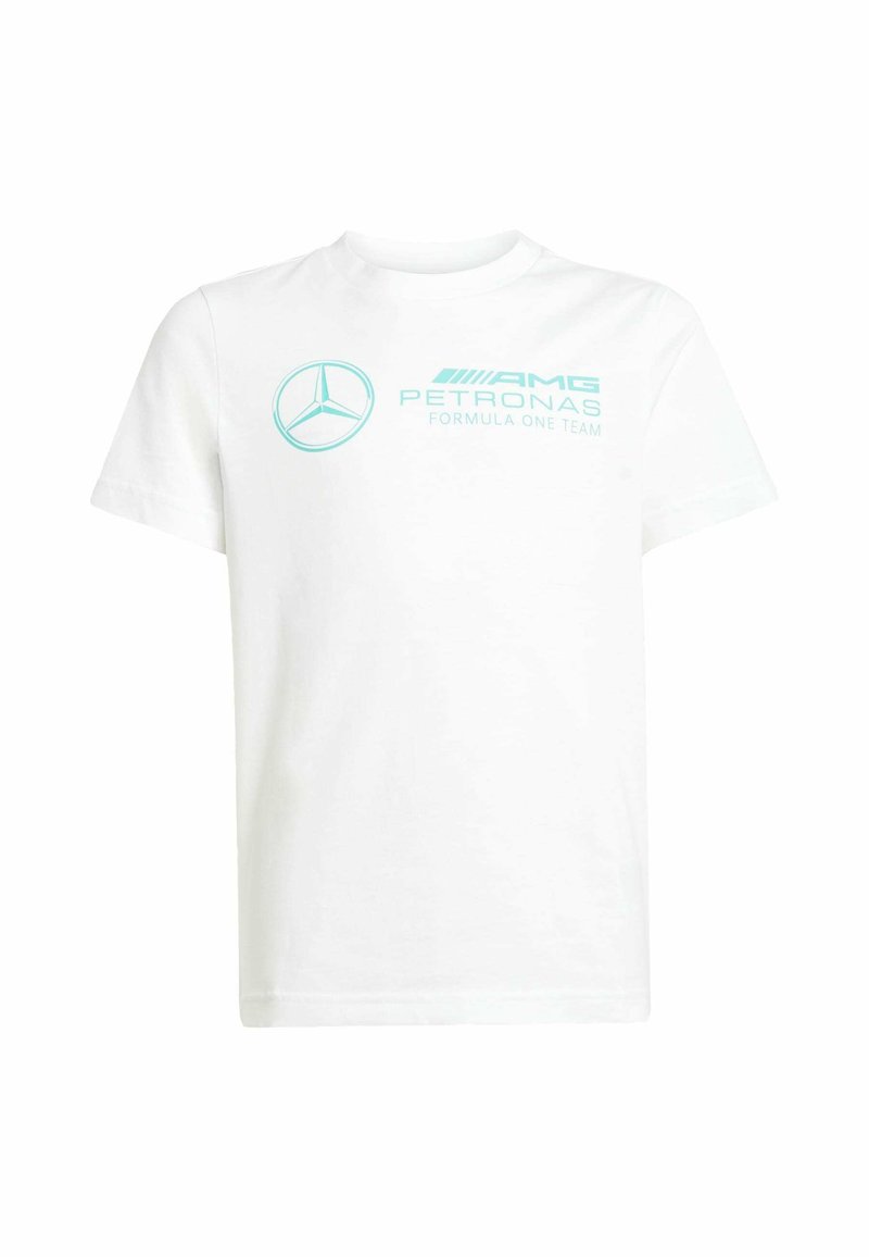 Bílá bavlněná tričko s lehce modrou potisknutou Mercedes logem a textem "AMG PETRONAS FORMULA ONE TEAM", kulatý výstřih, krátké rukávy.